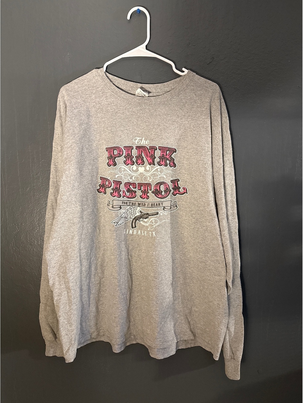 Gildan Ultra Cotton Gray Long Sleeve Pink Pistol Graphic T-Shirt 2XL